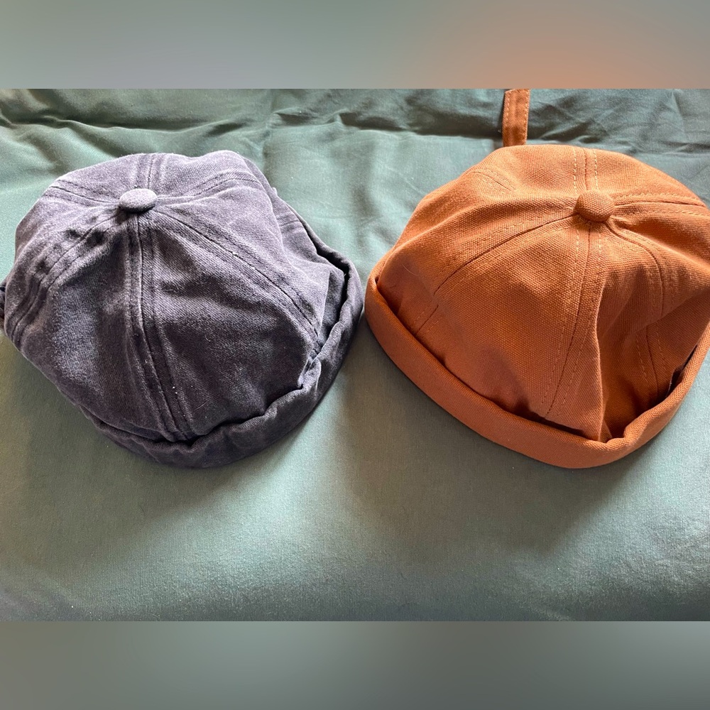 Pair of Denim Supplies Docker Brimless Skullcap Retro Brown/Tan & Grey.